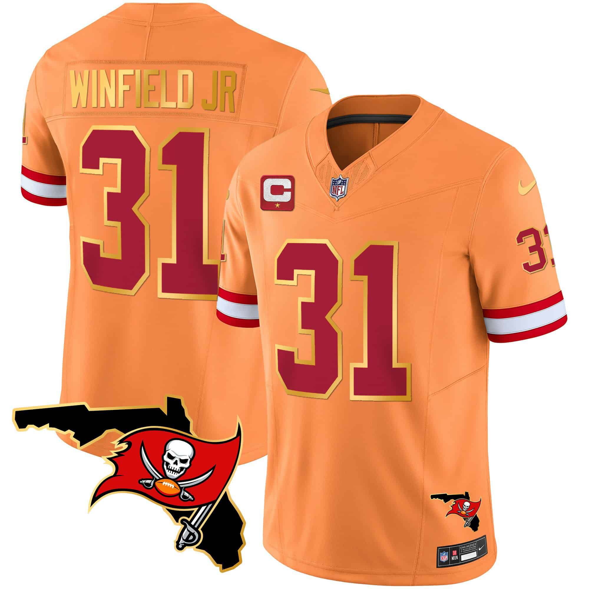 Men Tampa Bay Buccaneers 31 Winfield jr Oragne 2024 Nike Florida Patch Gold Trim Vapor NFL Jersey